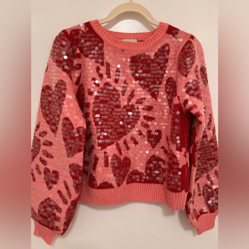 Farm Rio Pink Hearts Sequin Sweater -NWOT